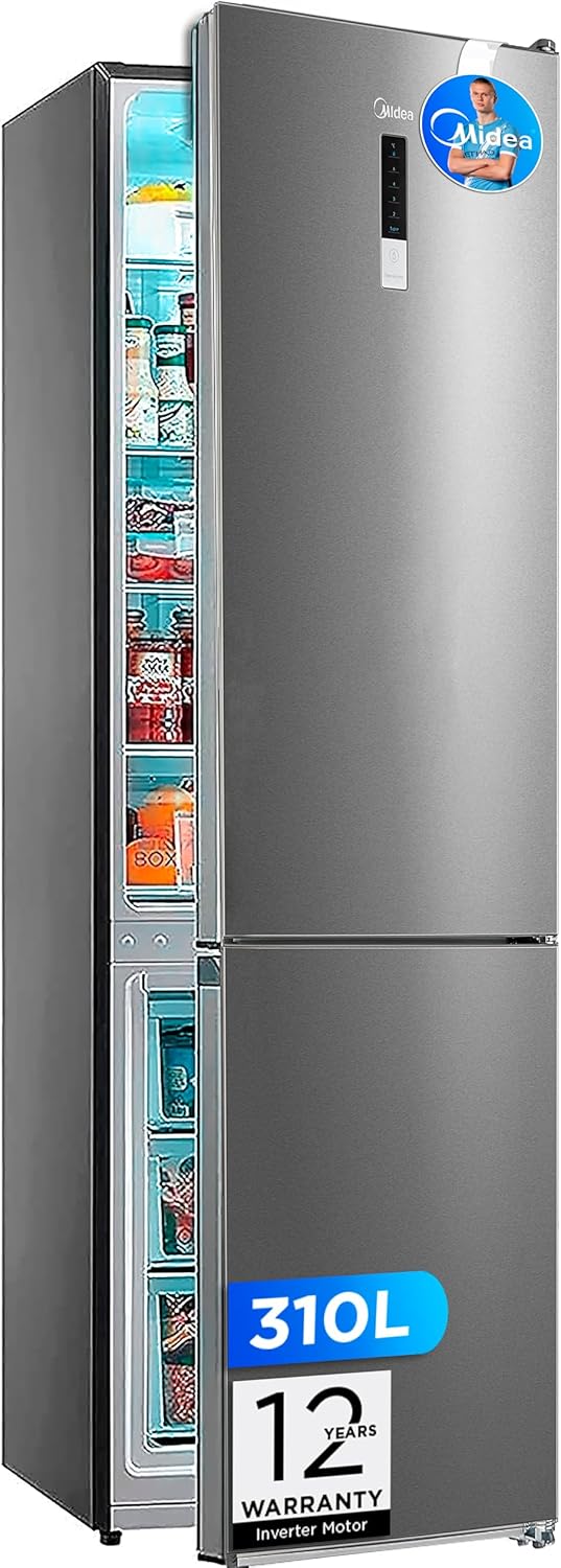 Midea No Frost Combi Fridge | 60 cm Wide x 188 cm High | Stainless Steel | Free Fridge Installation 224 L + 86 L Freezer – Low Consumption Fridge with Vertical Freezer