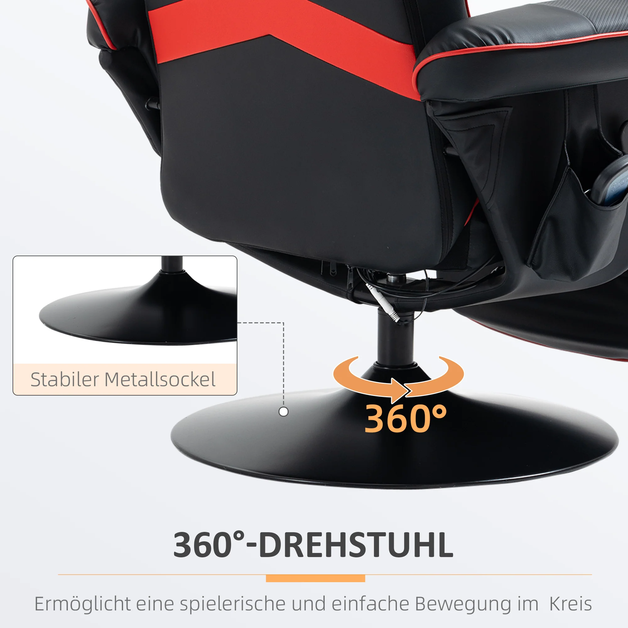 HOMCOM Gaming-stoel met massagefunctie, inclusief voetensteun, ligfunctie, rood + zwart.