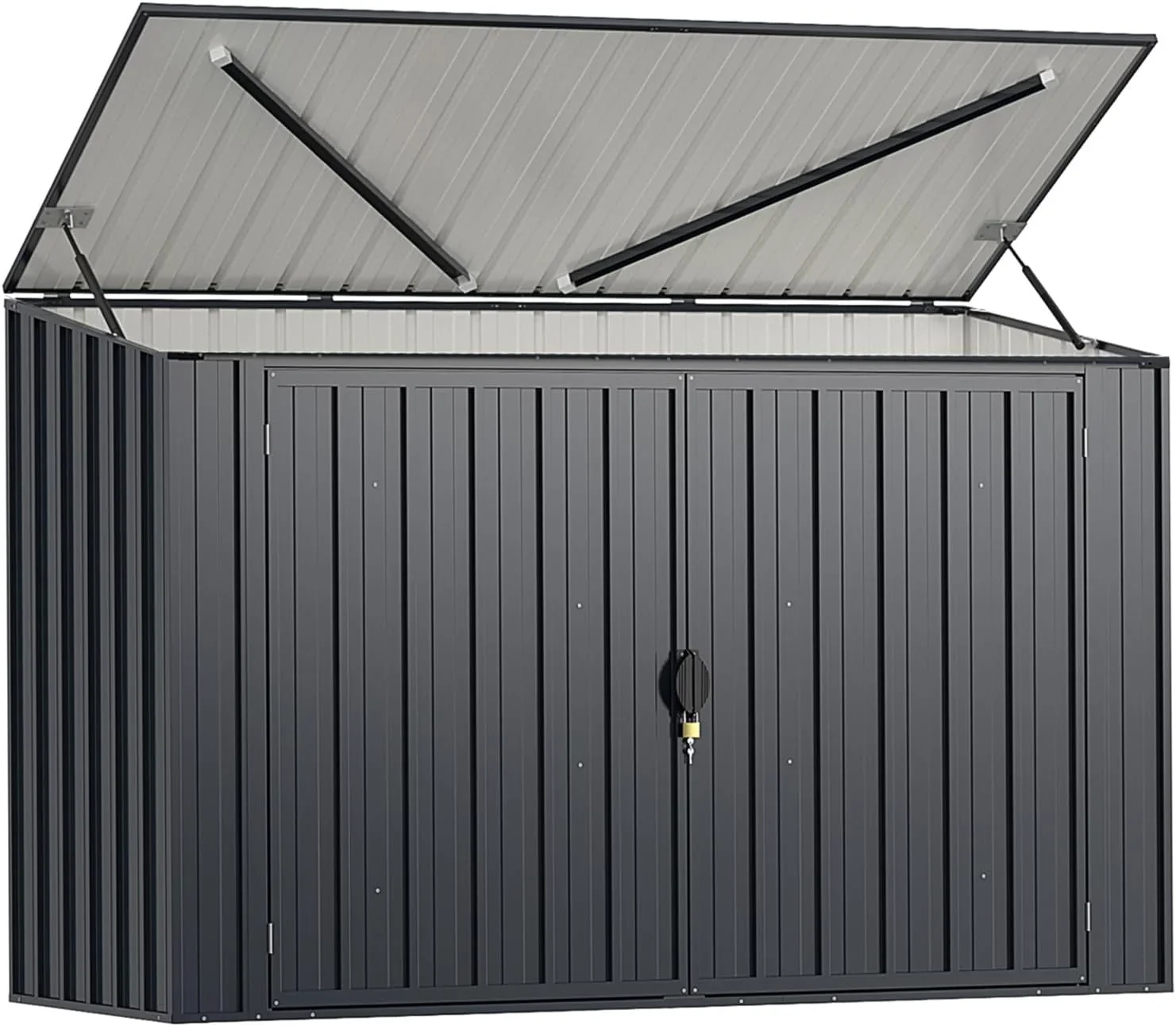 2026 GOPLUS 1,9 m³ Caseta de Jardín de Acero Galvanizado, 193 x 86 x 127 cm, Cobertizo Exterior con Doble Puerta con Cerraduras, Palanca Hidráulica, Casa para Herramientas, Bicicletas, Cubos de Basura