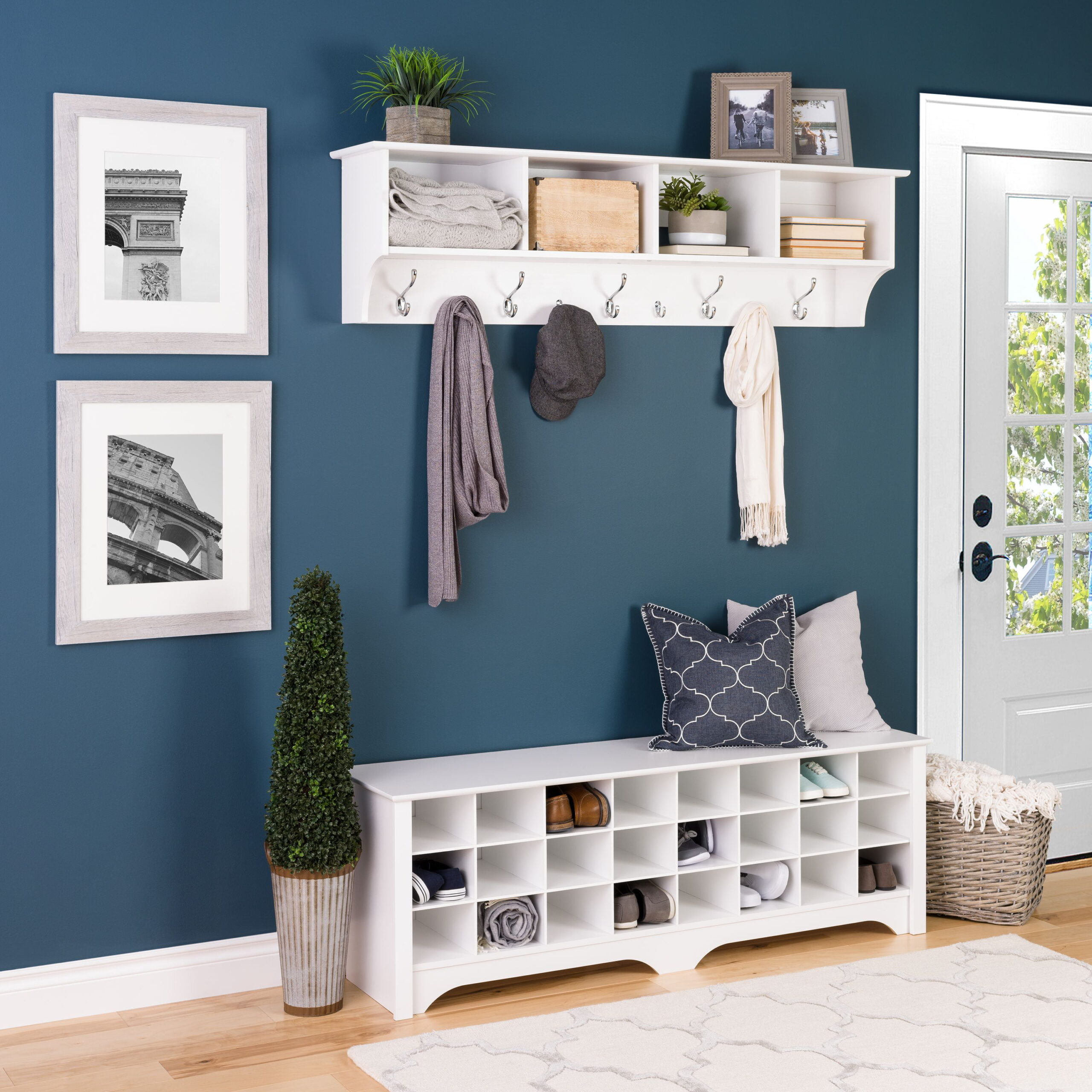 24 Shoe Cubby Wide Hall Bench, White