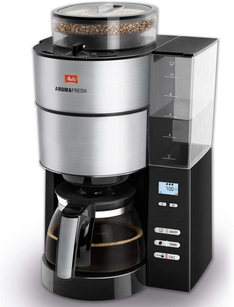 Melitta AromaFresh - Filterkaffeemaschine - mit Glaskanne - integriertes Mahlwerk - Timer Funktion - 10 Tassen - Pure Black