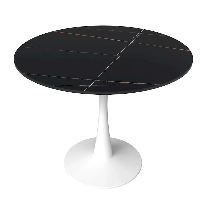 Bristol 35-Inch Round Dining Table for 4 with Sintered Stone Top and White Stainless Steel Pedestal Base