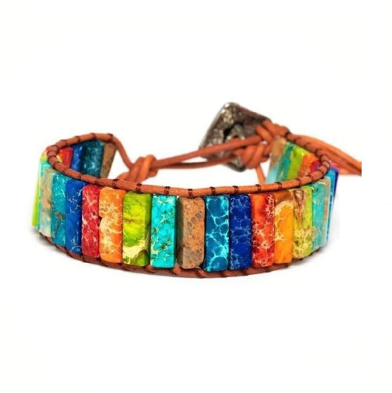 Chakra Armband Verstelbaar - Regenboog Jaspis & Leer - Overtuiging