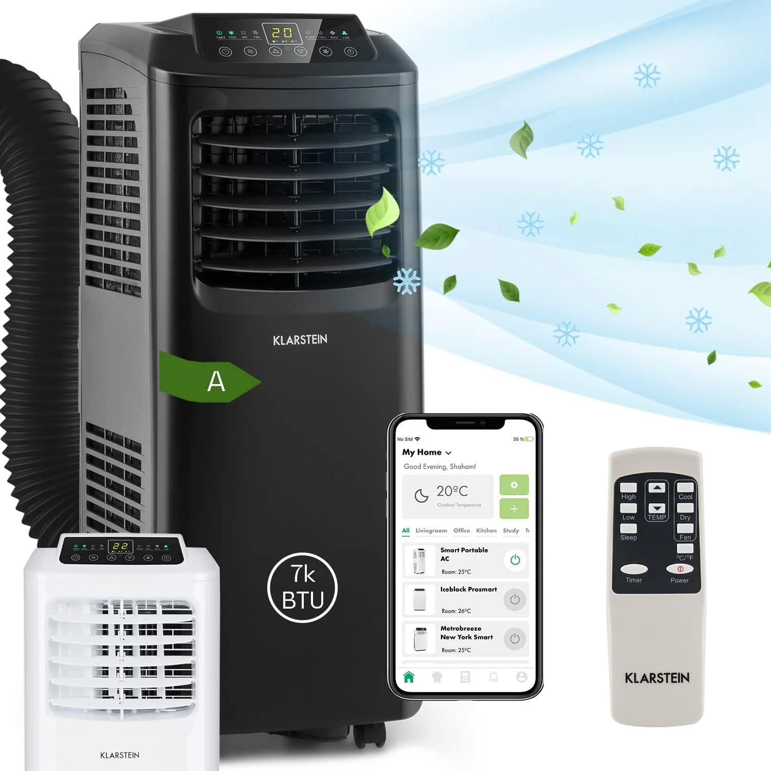Klarstein Mobiele Airco met Afvoerslang, 3-in-1 Airconditioner met Ventilator & Luchtontvochtiger, Kleine & Draagbare Airco voor Thuis & op Kantoor, met Nachtmodus & App-bediening, 7000 BTU