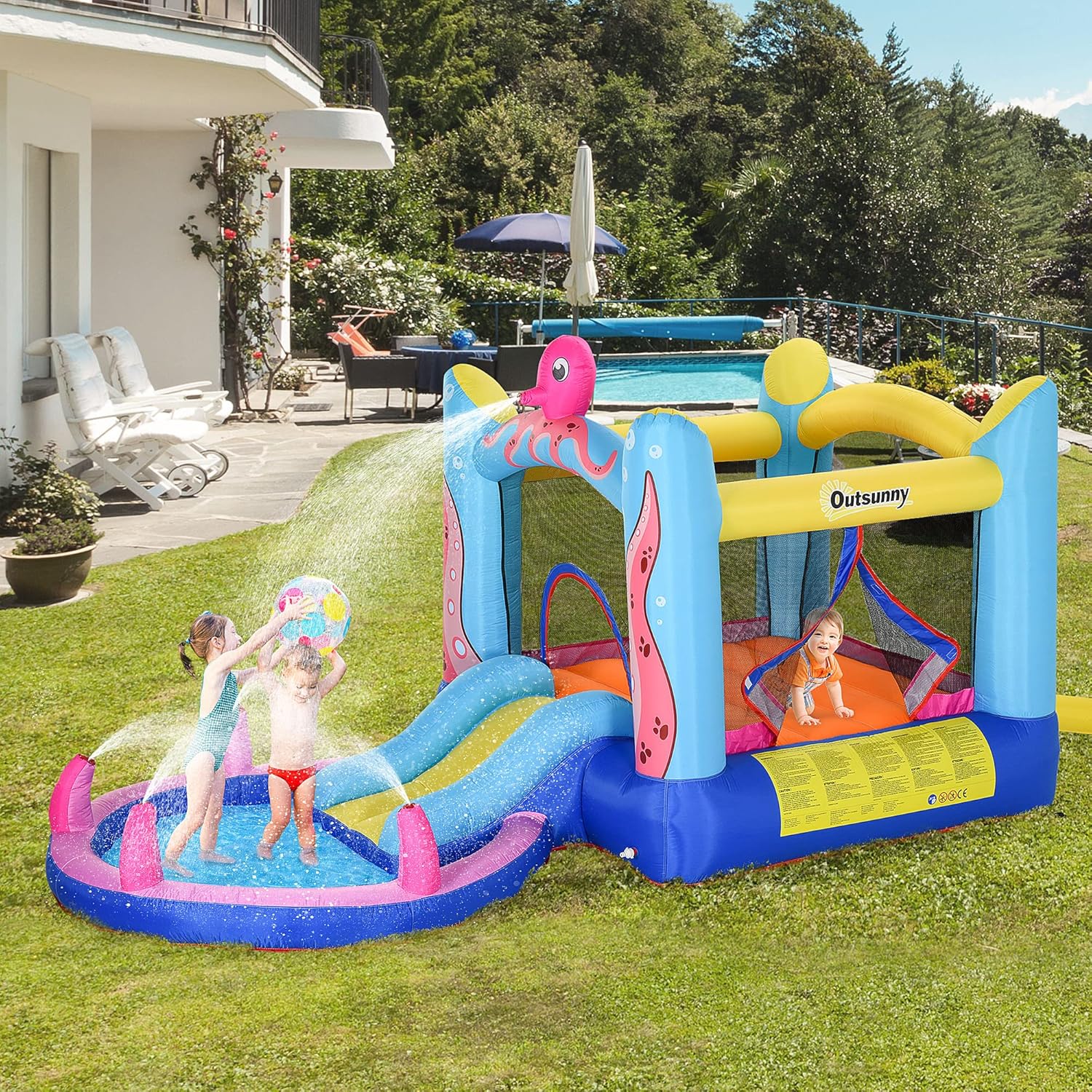 Outsunny Castillo Hinchable para Niños de +3 Años con Tobogán Cama de Salto Piscina Incluye Inflador y Bolsa de Transporte para Interior Exterior 360x175x180 cm Multicolor