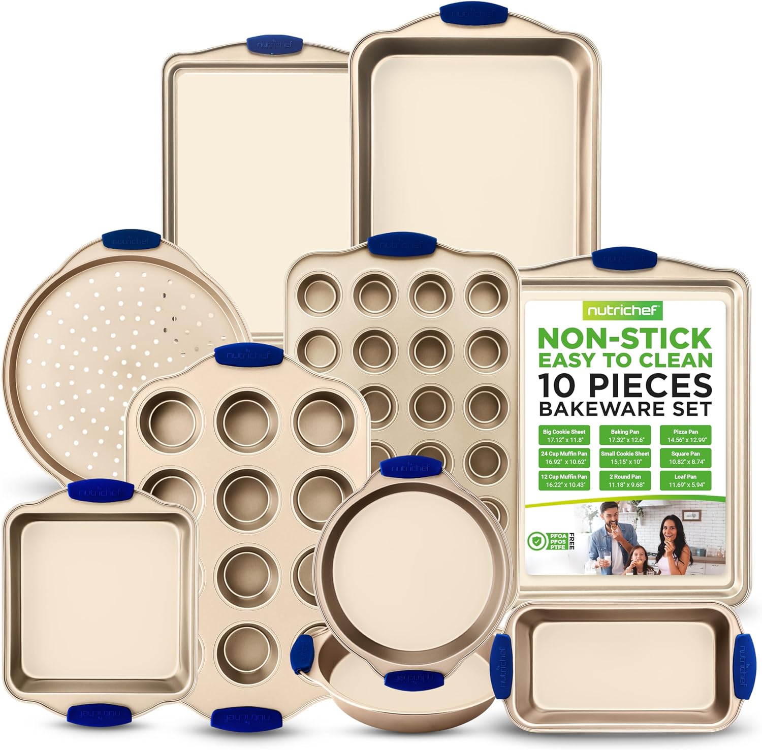 10-Piece Nonstick Bakeware Set   Premium Carbon Steel Baking Trays w/Heatsafe Silicone Handles, Includes Pizza Crisper, Loaf Pan, 12   24 Cup Muffin Pans, Round/Square Pans, Cookie Sheets