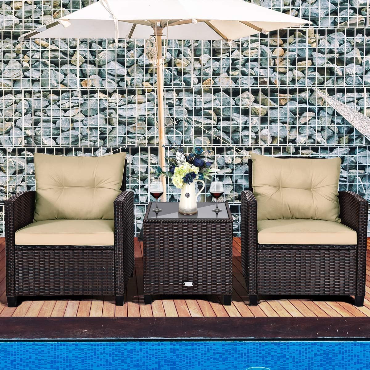 Tangkula 3 Pieces Patio Furniture Set, PE Rattan Wicker 3 Pcs Outdoor Sofa Set w/Washable Cushion and Tempered Glass Tabletop, Conversation Furniture for Garden Poolside Balcony (Beige)