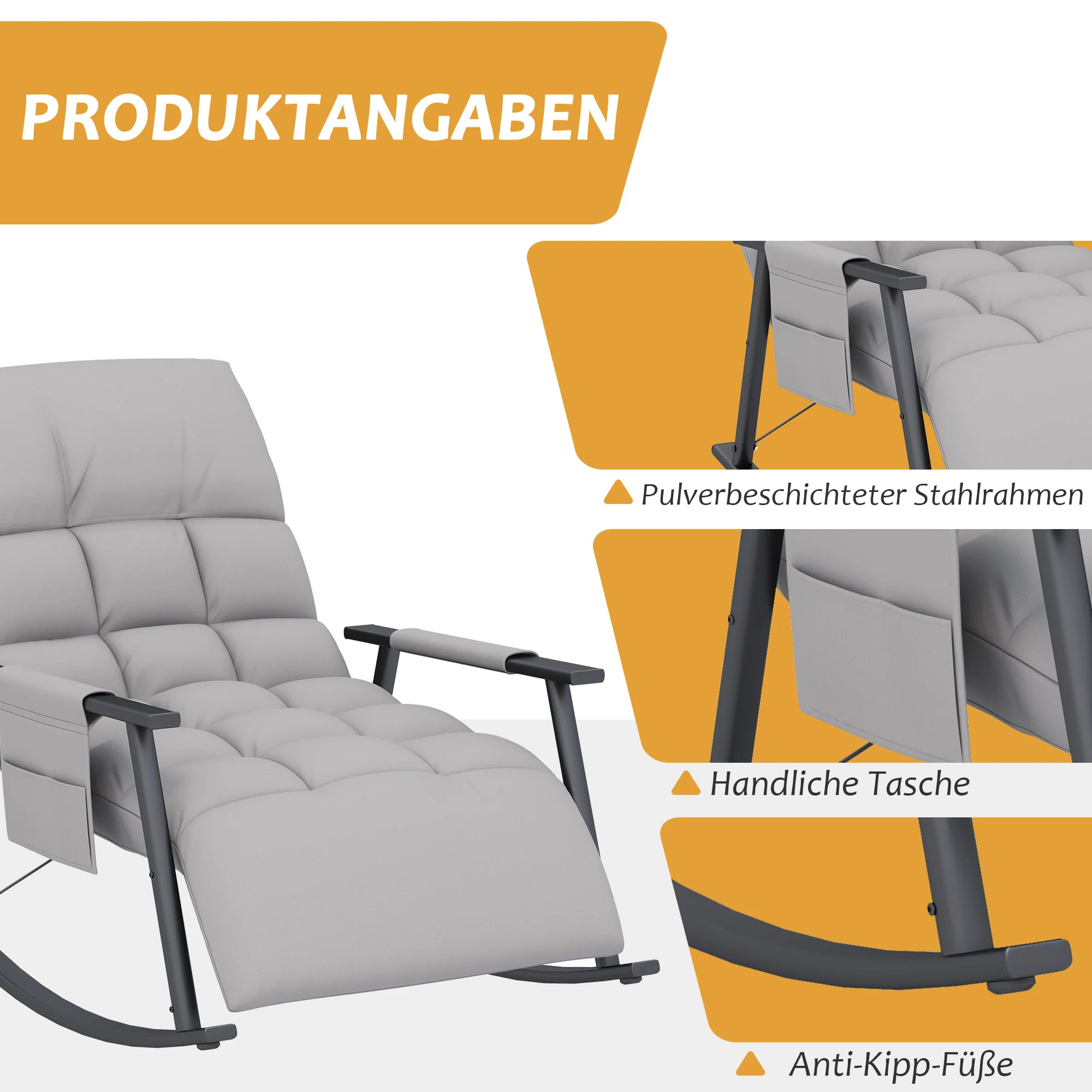 HOMCOM Schommelstoel, verstelbare rugleuning & voetensteun, zijvak, Microvezelhoes, Metalen frame, Grijs