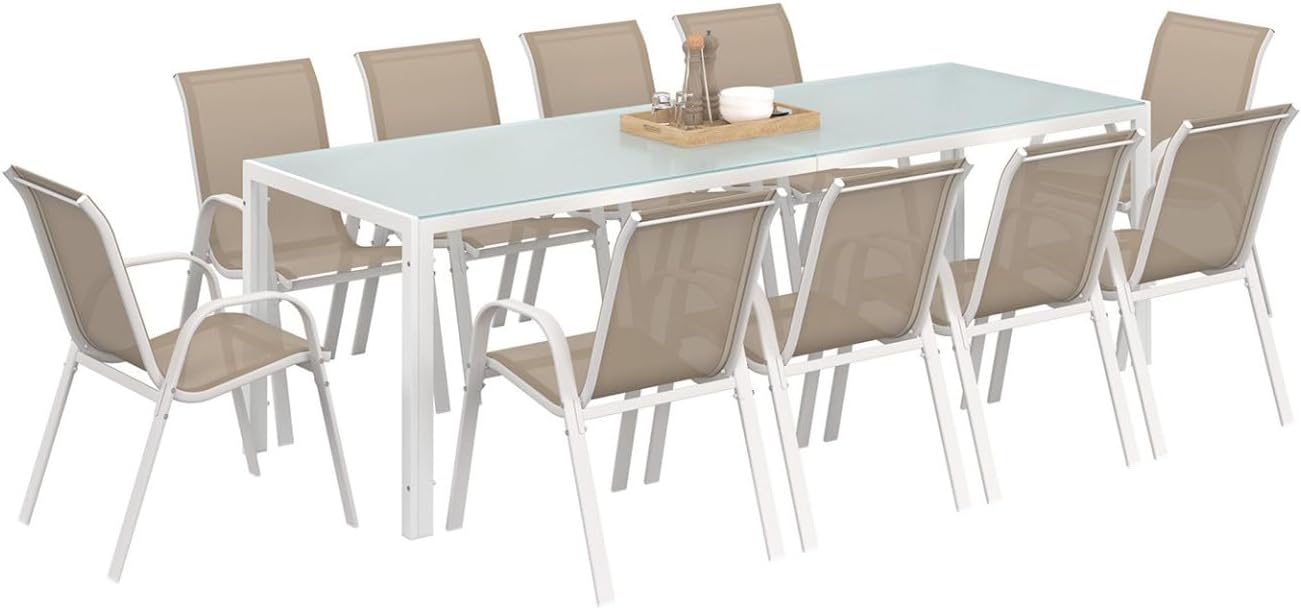 IDMarket - Muebles de Jardín Madrid Mesa 240 CM y 10 sillas apilables Blanco y Beige