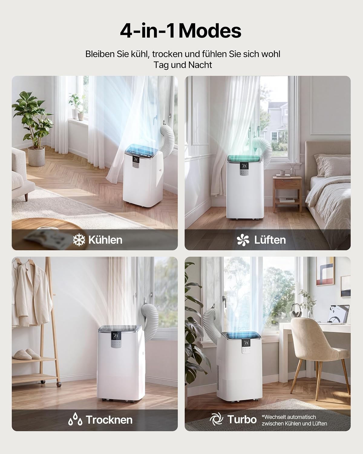 Mobile Klimaanlage 12000BTU mit Abluftschlauch | 4-in-1 Mobiles Klimagerät mit Fensterabdichtung | APP-Steuerung + Fernbedienung | Leiser Betrieb | 24h-Timer