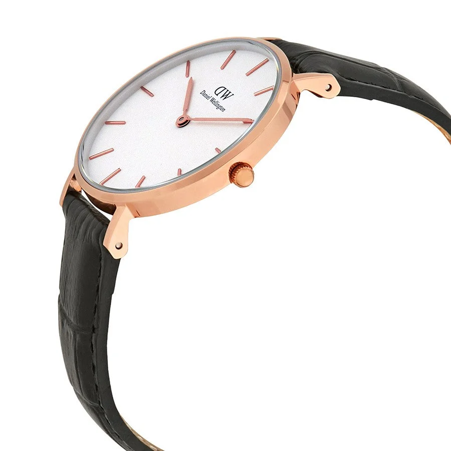 Daniel Wellington Reading 32mm White Dial Black Genuine Leather Women's Gold Watch - DW00100173