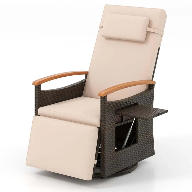 Outdoor Rattan 360�� Swivel Recliner Chair, Patio Wicker Chaise Lounge Chair with Adjustable Backrest & Footrest, Flip Side Table & Cushions
