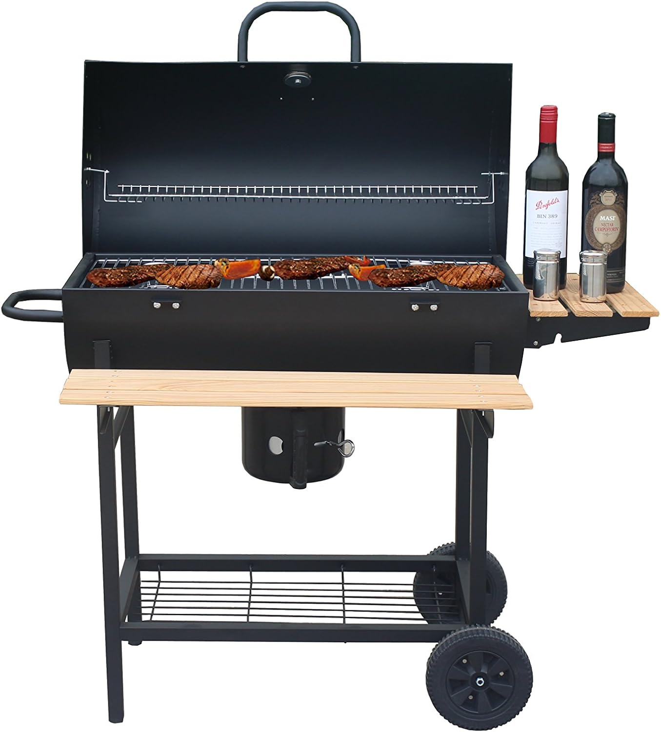 Grillvagn med kolgrill, grill, kolgrill med hjul, antracitgrill, grillugn inkl. integrerad termometer och ventilationsreglage, trädgårdsgrill, grillyta: 70 x 38,5 cm