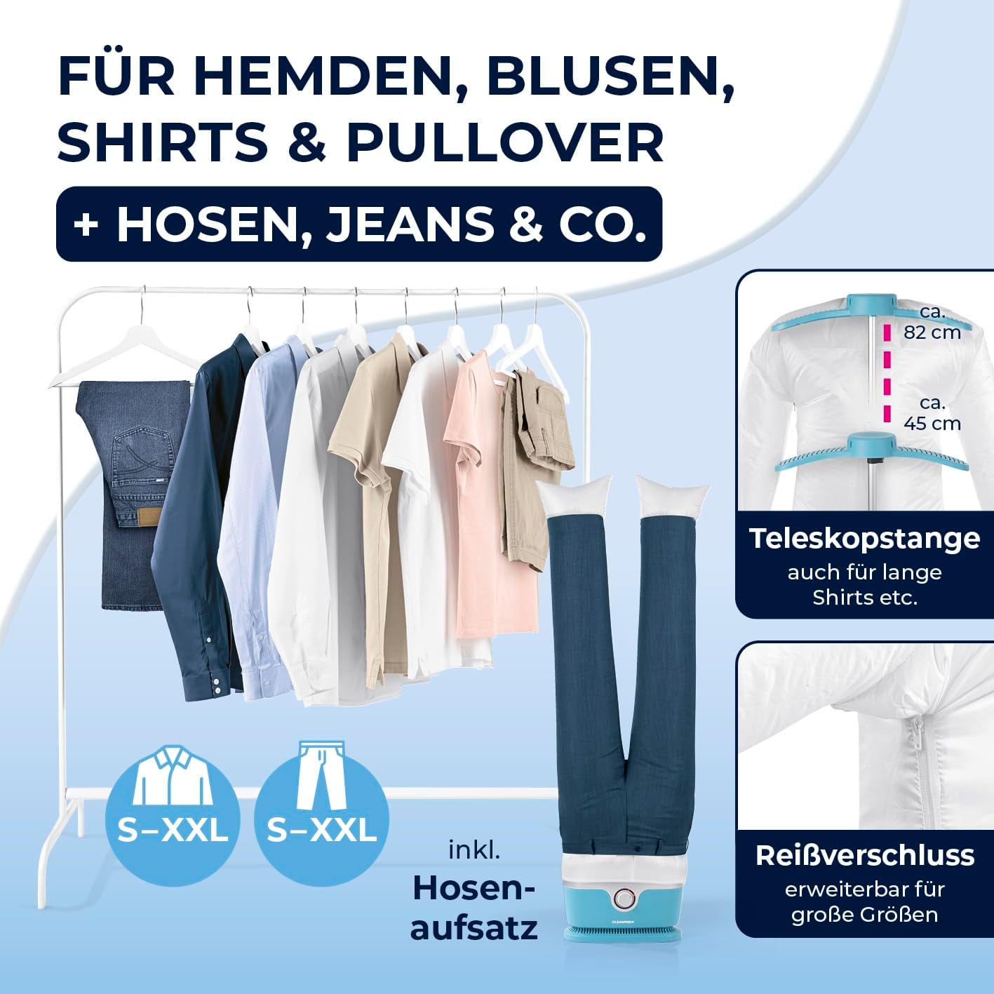 CLEANmaxx Automatischer Hemden-Bügler zum Trocknen und Gltten von Hemden & Blusen inklusive Aufsatz für Hosen | Die innovative und schonende Art, Ihre Wsche zu gltten