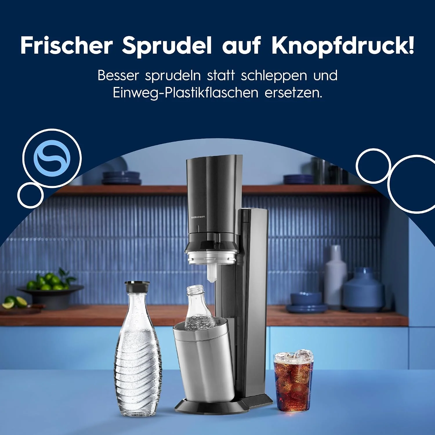 SodaStream Crystal 3.0 Wassersprudler – Quick Connect CO2, 2x Glaskaraffe 0,7L, Titan/Schwarz