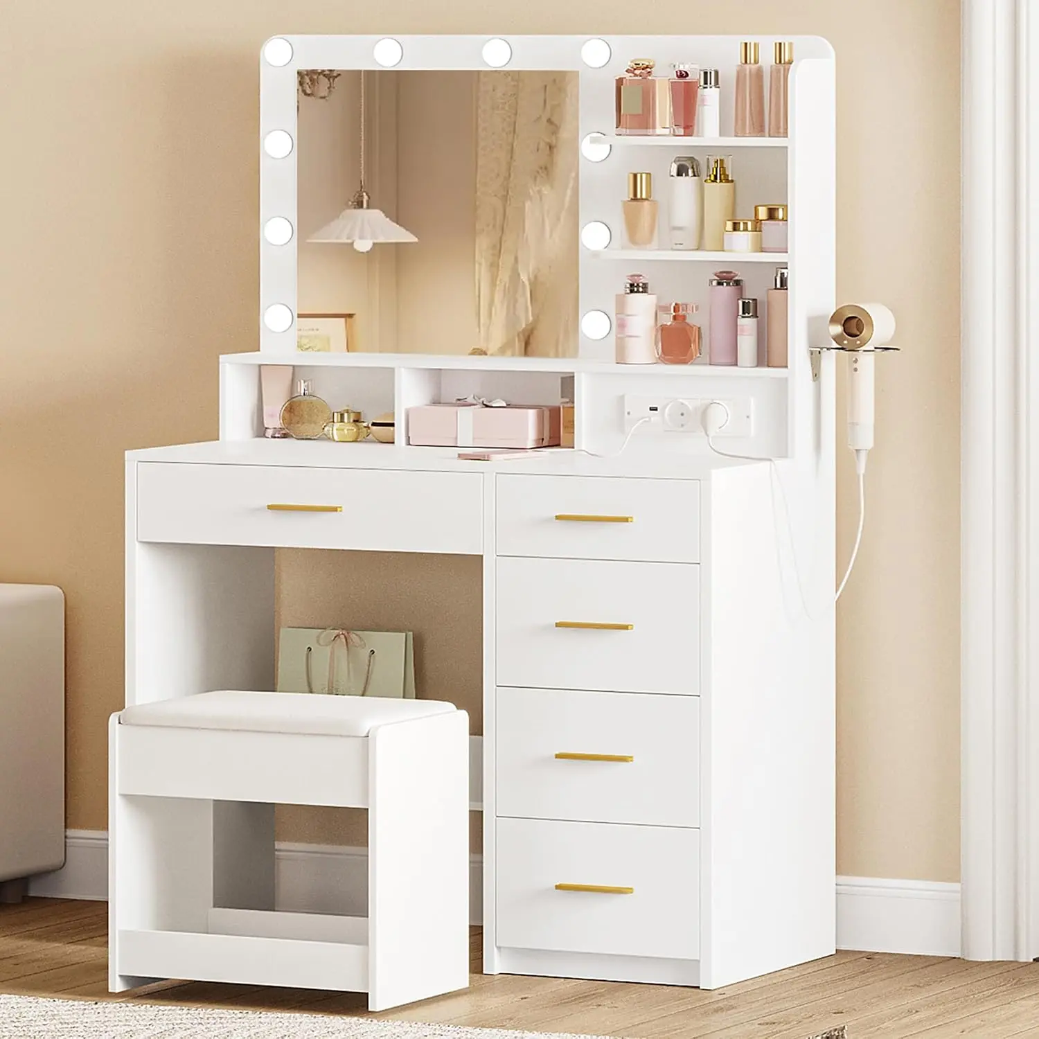 Tocador Hzuaneri de Maquillaje, Tocador con Taburete, Enchufe, Blanco
