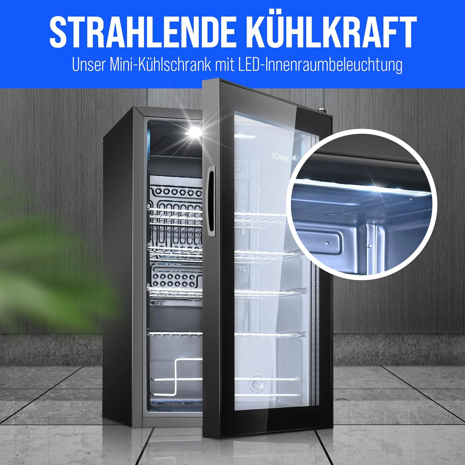 Bomann® Getränkekühlschrank | 63 Liter | stufenlos regelbar +3–10°C | Flaschenkühlschrank mit Glastür, 4 Ablagen & LED-Beleuchtung | leise, energieeffizient & kompakt | für Flaschen & Dosen | KSG 7287