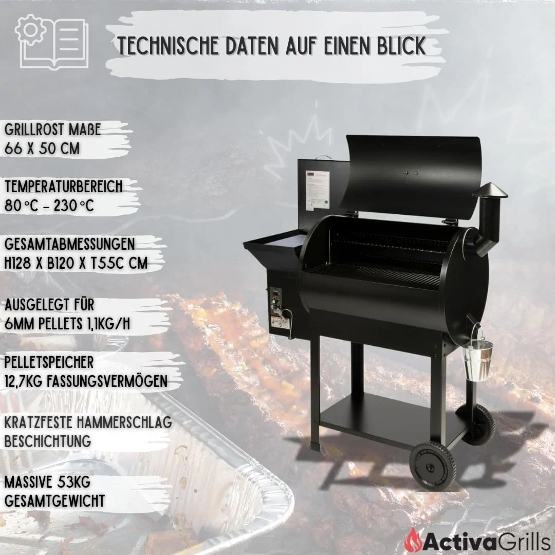 Ahumador de pellets ACTIVA El Paso I Ahumador con alimentación automática de pellets y termómetro I Parrilla de acero inoxidable para barbacoa y ahumado