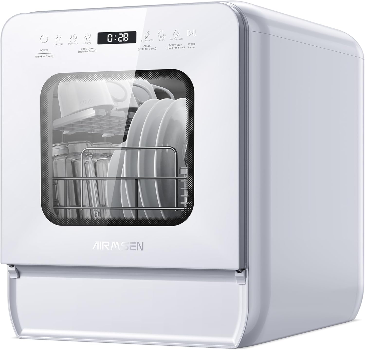 AIRMSEN Lavavajillas de Encimera Mini Lavavajillas con Tanque de 5L, 7+2 Programas Diseño Ultra Estrecho (37x50cm) y Gran Profundidad Lavavajillas Compacto Rociado Dual 360° Blanco (Blanco)