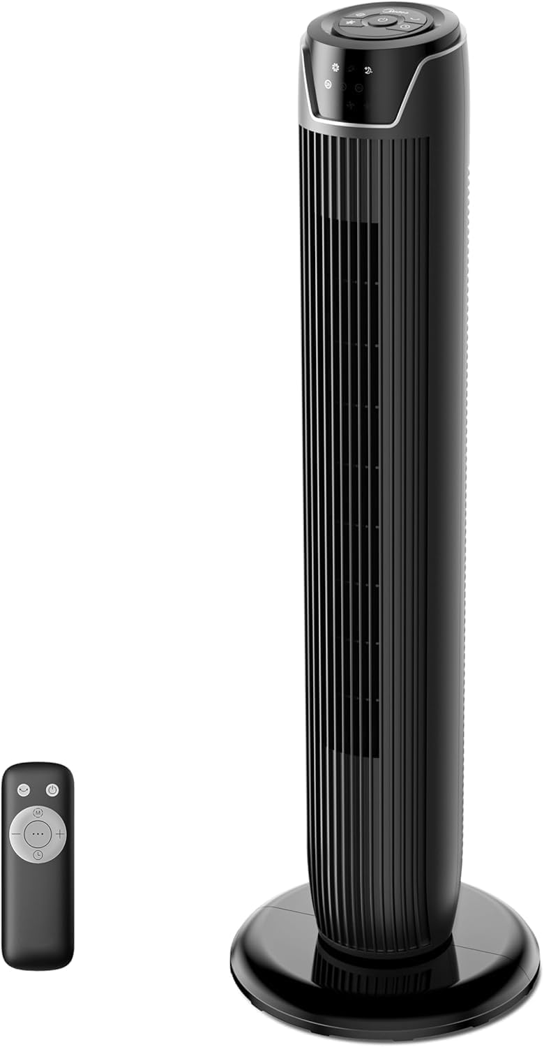 Midea 42-Inch DC Tower Fan with Remote, 12 Speeds, 3 Wind Modes, 90° Oscillation, 24H Timer, Digital Control, Quiet High-Efficiency Copper Moto