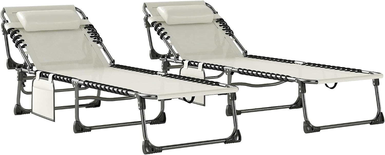 Outsunny Set de 2 Tumbonas Jardín Exterior, Tumbonas Plegables con Reposacabezas y Bolsillo Lateral, Respaldo Reclinable 5 Posiciones y Asiento de Malla Transpirable para Playa, Piscina, Blanco Crema