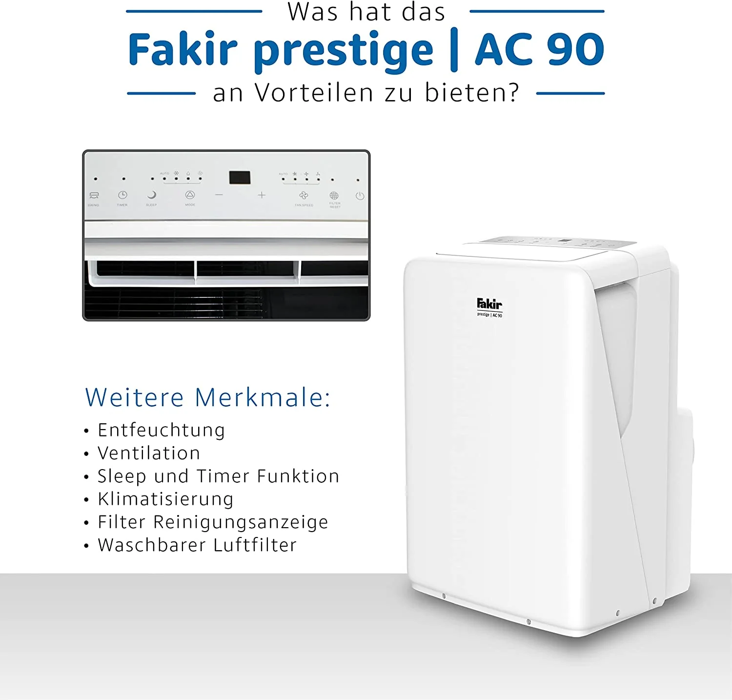 2025 Fakir Prestige AC 90 – Aire Acondicionado Móvil | Enfriador de Aire con 3 Modos de Viento + Función Automática, Temporizador y Control Remoto | Ventilador Auxiliar para Estancias de Hasta 85 m³ | Blanco | 2600 Vatios