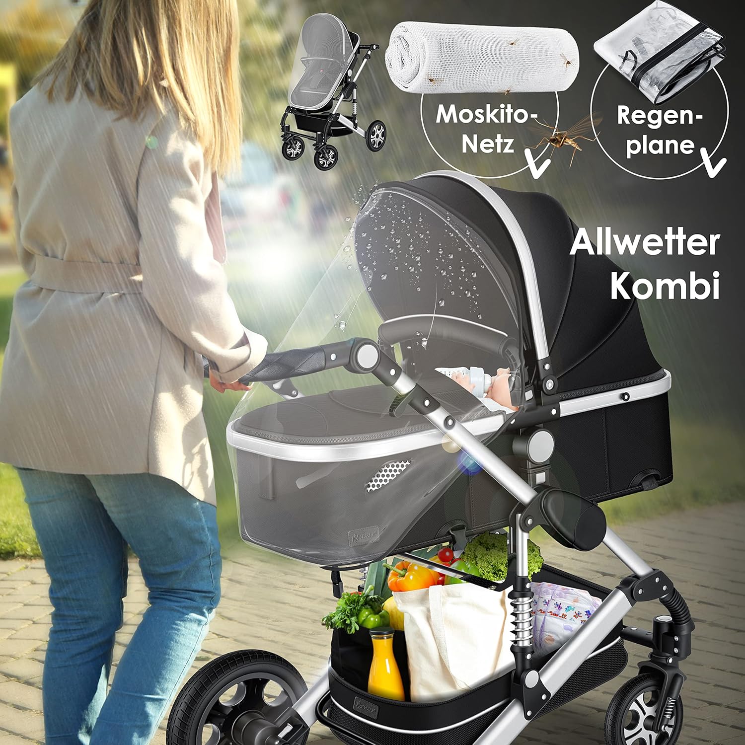 KESSER® Loops 3 in 1 Kinderwagen Kombikinderwagen Komplett-Set inkl. Babywanne & Buggy Sportsitz & Auto-Babyschale Voll-Gummireifen Wickeltasche Regenschutz Kindertisch ECE R129, Grau/Silber