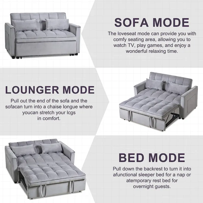 Modern Velvet Loveseat Futon Sofa Couch Pullout Bed, Small Love Seat Lounge Sofa w/Reclining Backrest, Toss Pillows, Pockets
