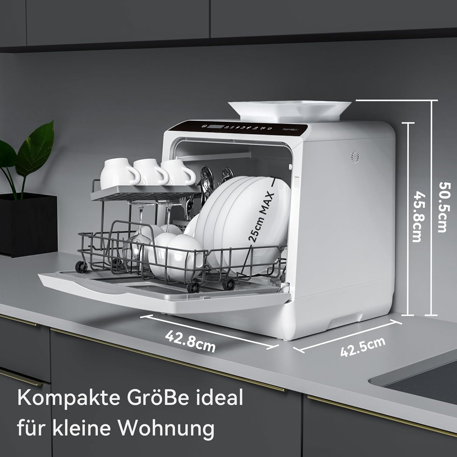 Hermitlux Mini Geschirrspüler, Spülmaschine für 4 Bestecksätze, 5 Liter Wassertank, 6 Programme Mini Tischgeschirrspüler, Perfekt für Wohnungen, Schlafsäle, Camping, Weiß