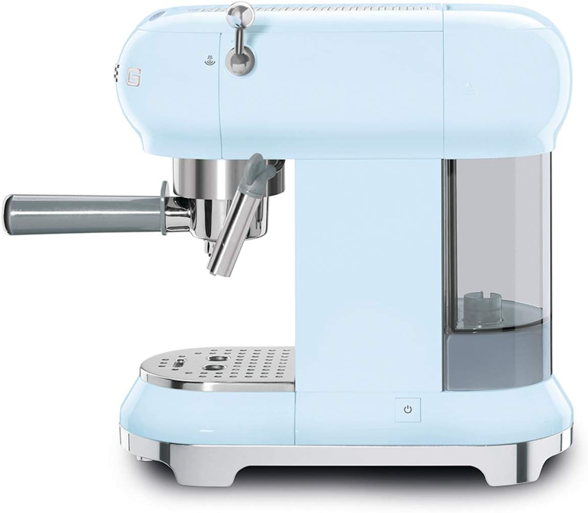Smeg, ECF01WHEU Manual Espresso -Maschine, Cappuccino -System, Thermoblock, große Tassengehäuse und Doppelkaffeefunktion, 1 l Wassertank, kompakte Abmessungen, 1350W, Weiß