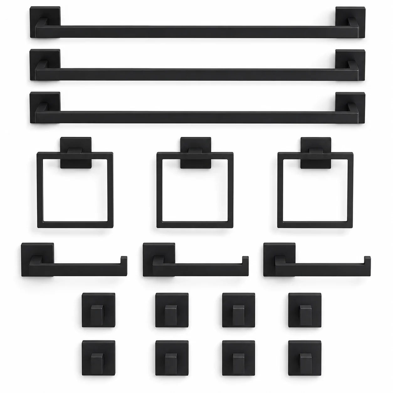 15-Piece Matte Black Bathroom Hardware Set, 23.6-Inch Towel Bar Kit, SUS304 Stainless Steel