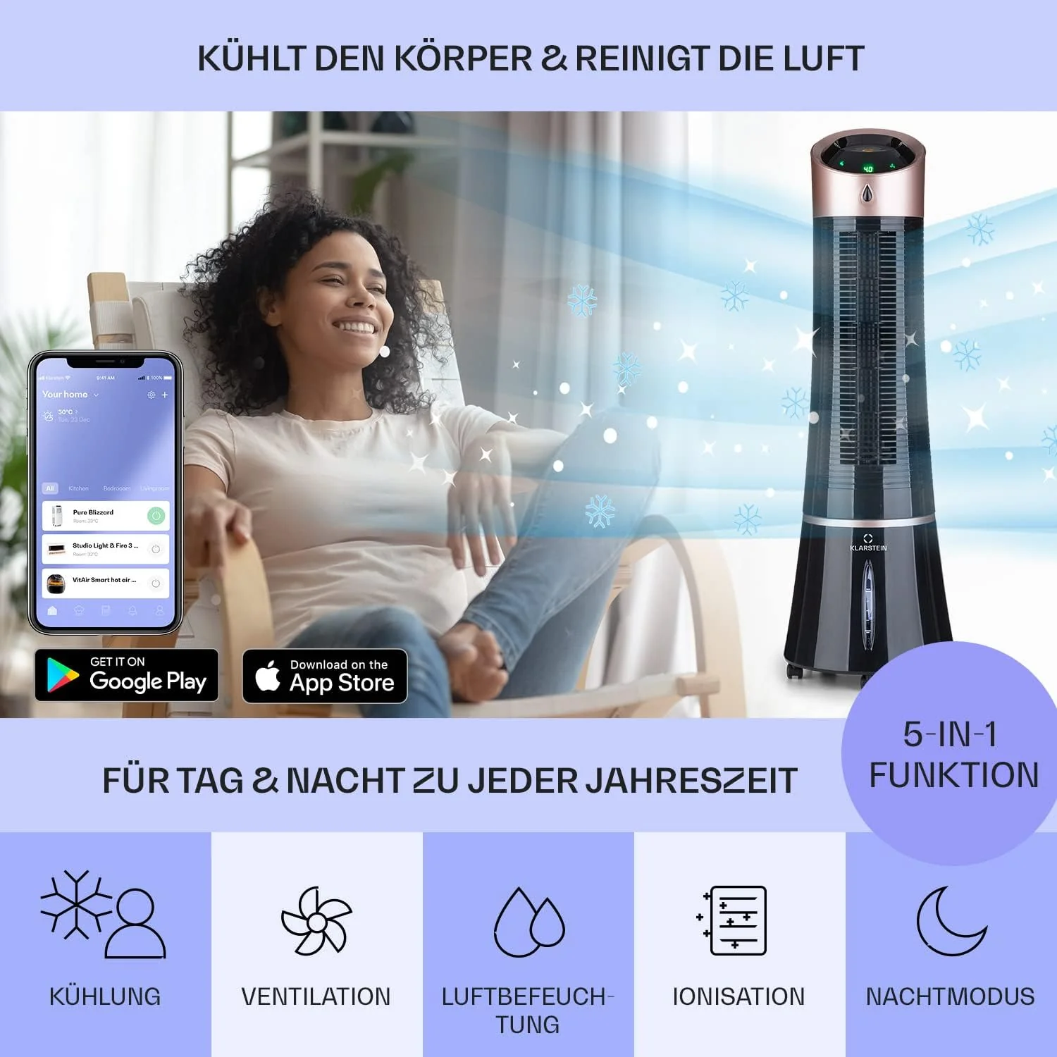 Klarstein 4-in-1: Slimme luchtkoeler, ventilator, luchtbevochtiger & ionisatie I 6 L watertank, oscillatie, 30 W, 210 m3/u, timer I Klimaatregelaar zonder afvoerslang, Mobiele airconditioner, Zwart-ros��goud