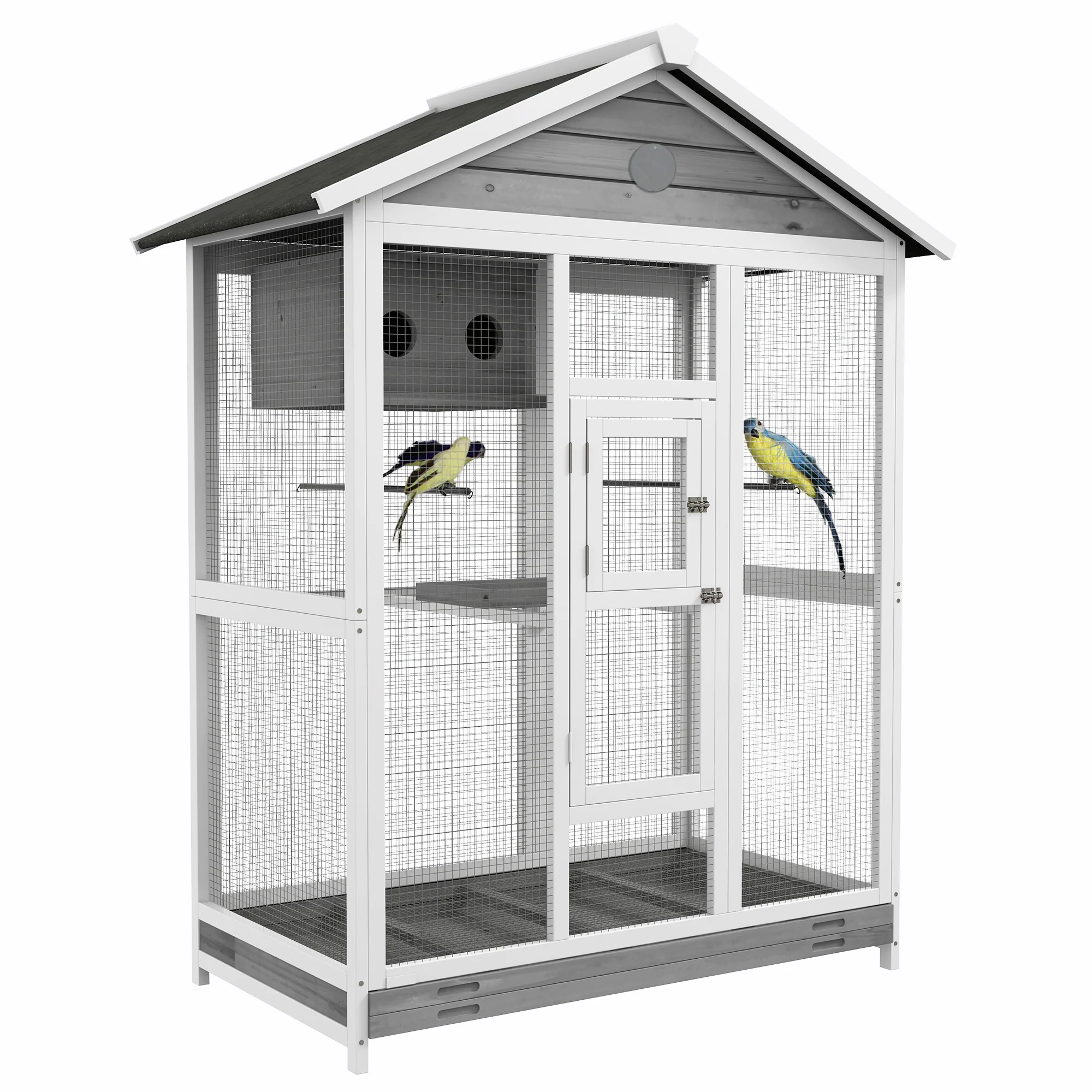 PawHut Houten vogelkooi met 4 zitstokken, asfaltdak, waterdicht, 112 x 68 x 154 cm