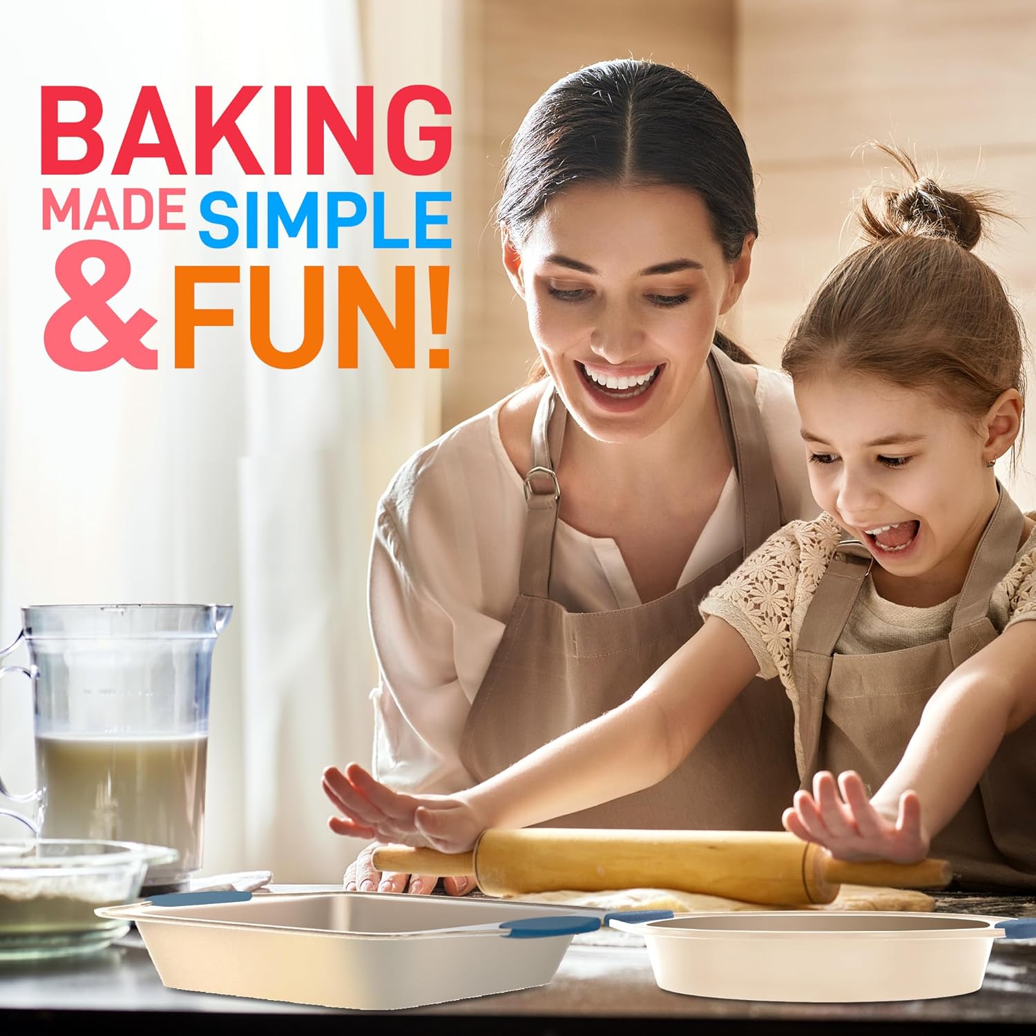 10-Piece Nonstick Bakeware Set   Premium Carbon Steel Baking Trays w/Heatsafe Silicone Handles, Includes Pizza Crisper, Loaf Pan, 12   24 Cup Muffin Pans, Round/Square Pans, Cookie Sheets