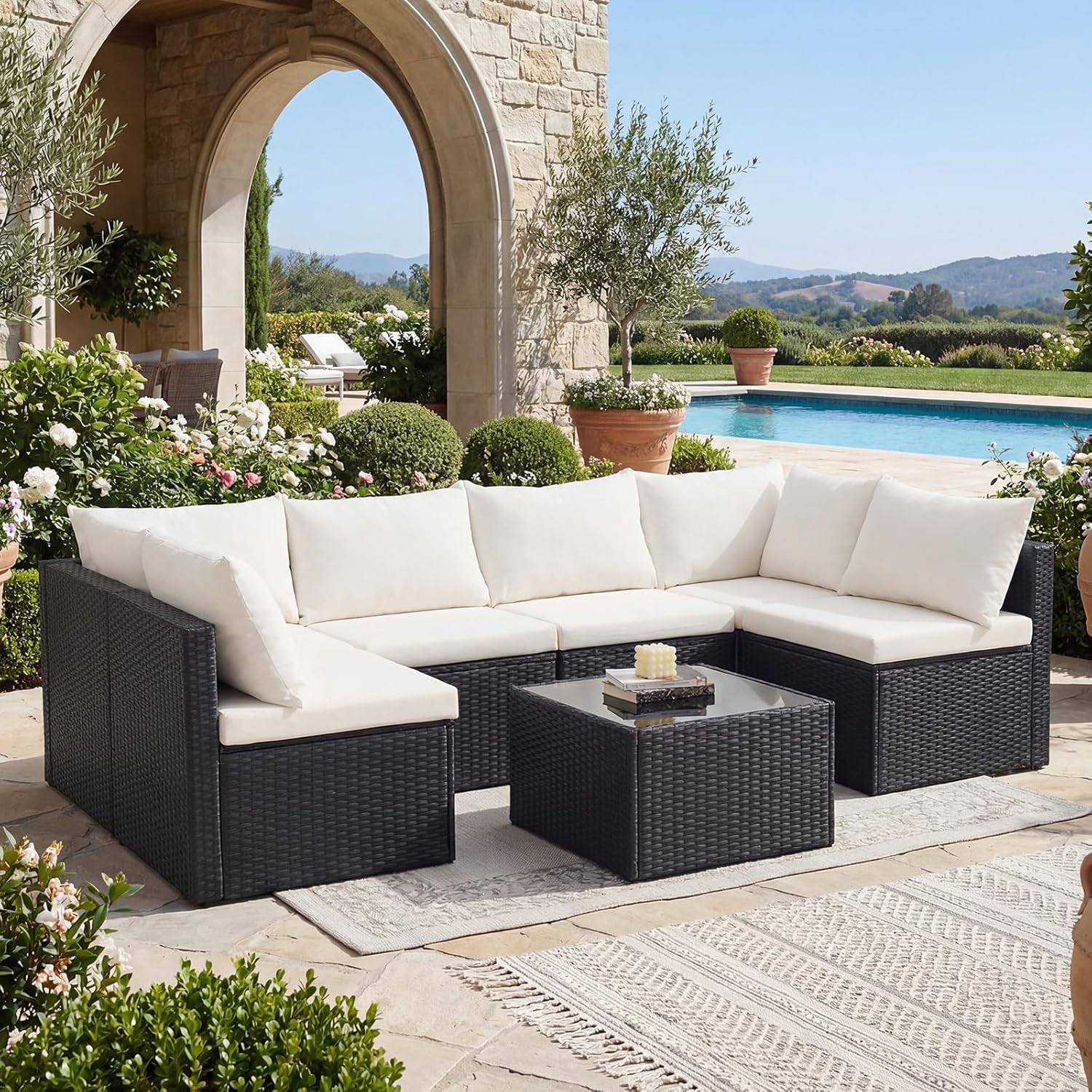 DUMOS 7 Piece Outdoor Patio Sectional Sofa, Modular Wicker Furniture Set with 2.8