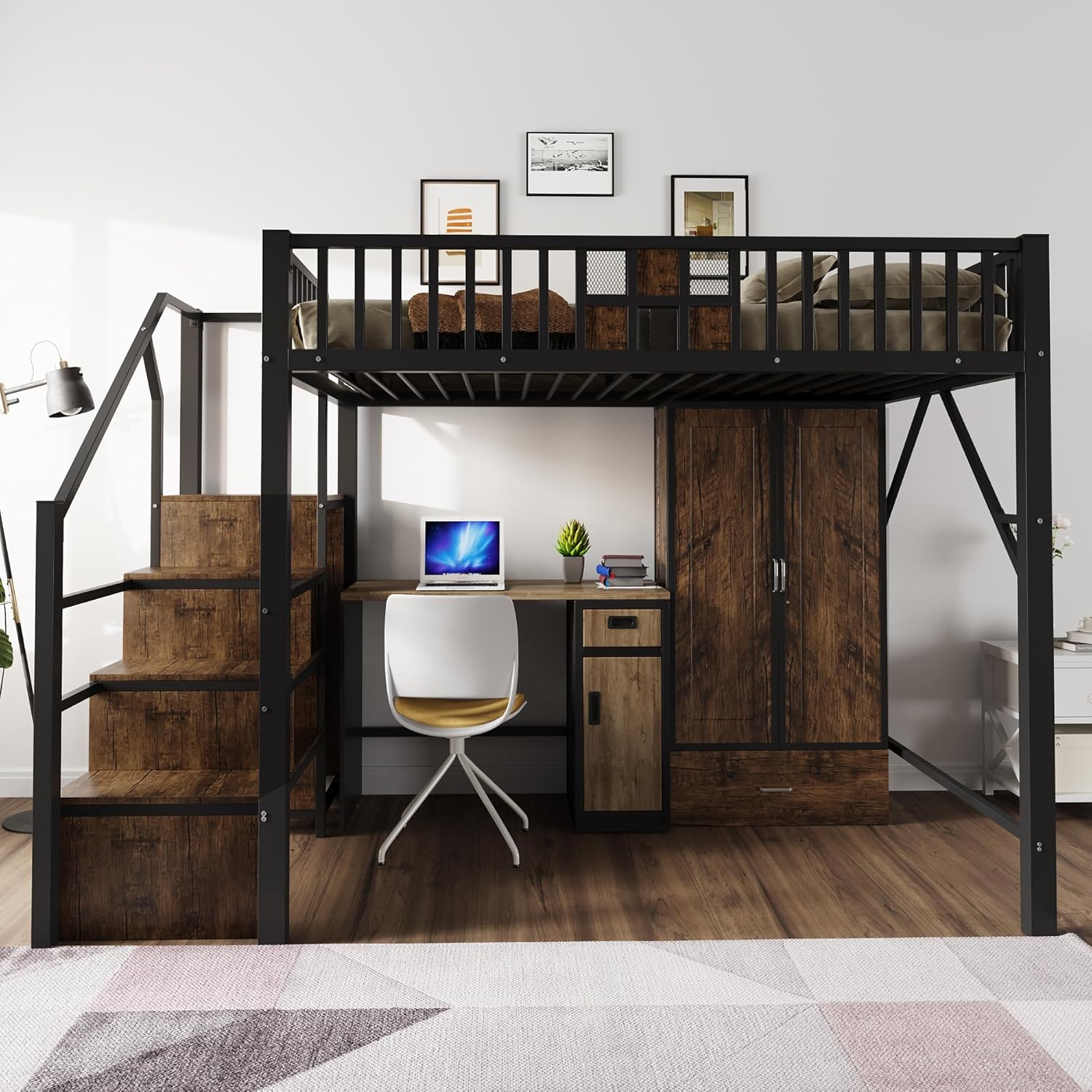 Merax Hochbett aus Metall, 140 x 200 cm, mit Drahtgitter, integriertem Schrank, Schubladen und Aufbewahrungsleiter, platzsparendes Kinderbett, modern und robust, schwarz (ohne Matratze)