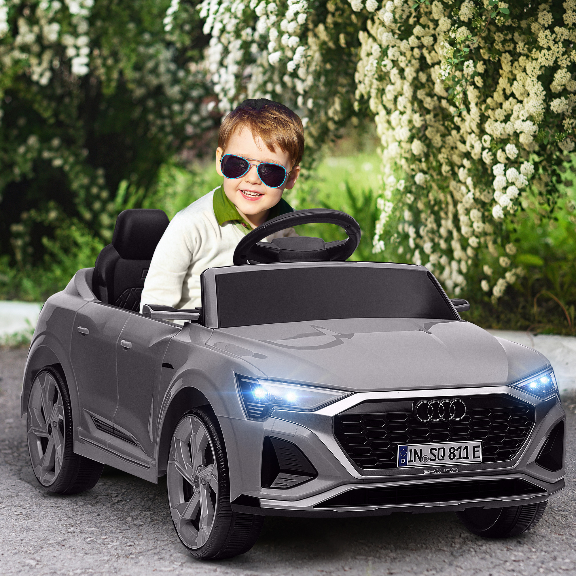 AIYAPLAY Elektrische Kinder Auto, 12V Audi Q8, 3-5 km/u, Afstandsbediening, Koplampen, Muziek, Grijs