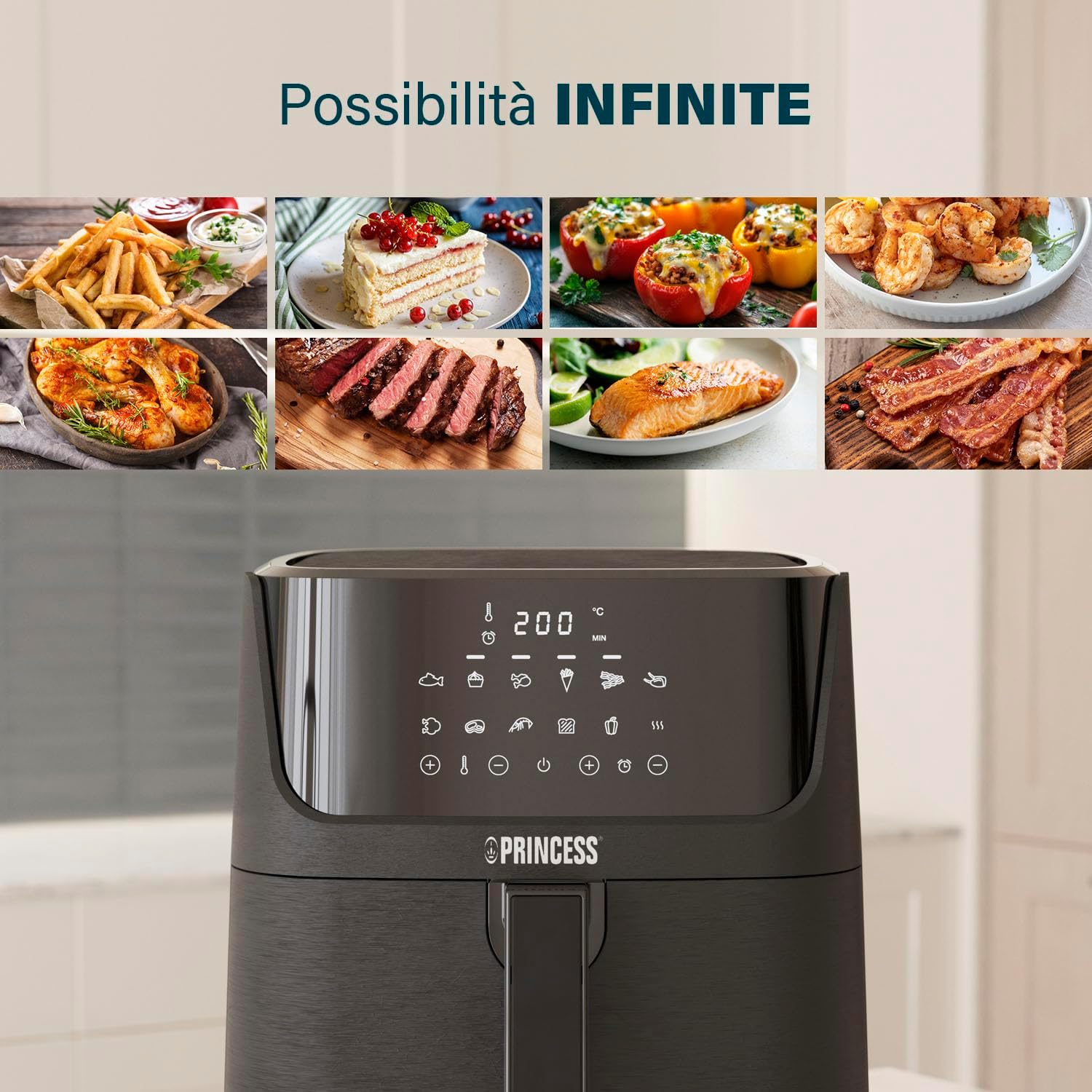 Princess Deluxe Oven Air Fryer - 11L - 1800W - Digital Touch Screen - 10 Preset Programs - Poultry and Basket Included - Stainless Steel - 182075