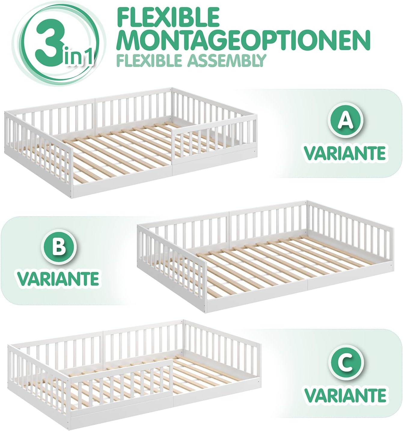 CADANI Timi 2in1 Bodenbett 140x200 cm Montessori Kinderbett mit abnehmbaren Rausfallschutz inkl. Lattenrost, Kiefer Massivholz, weiß - 3 Aufbauvarianten, bis 200 kg belastbar, umbaubar