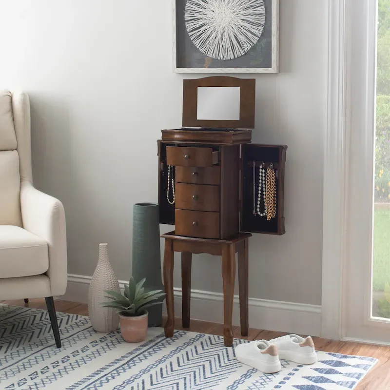 Serena Walnut Jewelry Armoire with Mirrored Finish