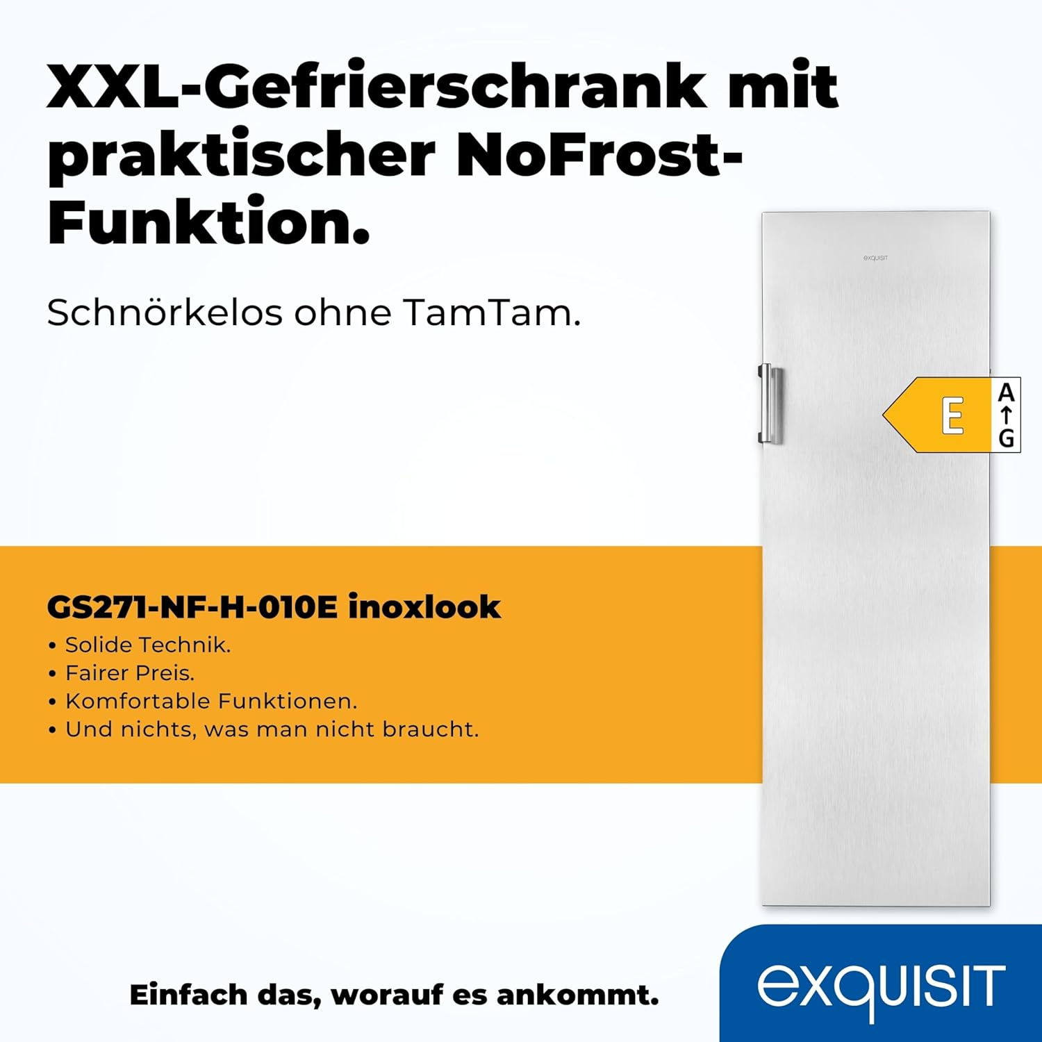 Exquisit Gefrierschrank GS271-NF-H-010E inoxlook | Gefrierschrank NoFrost 194 l Volumen | Tiefkühlschrank mit 5 Schubladen | Schnellgefrieren