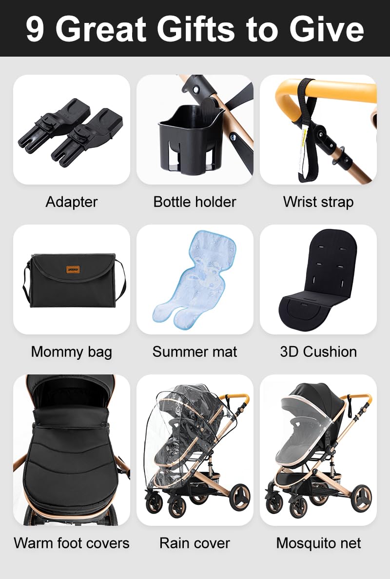 YAZOCO kinderwagen 3 in 1 Buggy Babybett Komplett Set Einem Klick Zusammenklappbarer Kinderwagen, KombiKinderwagen Aluminiumrahmen für Neugeborene (Schwarz)