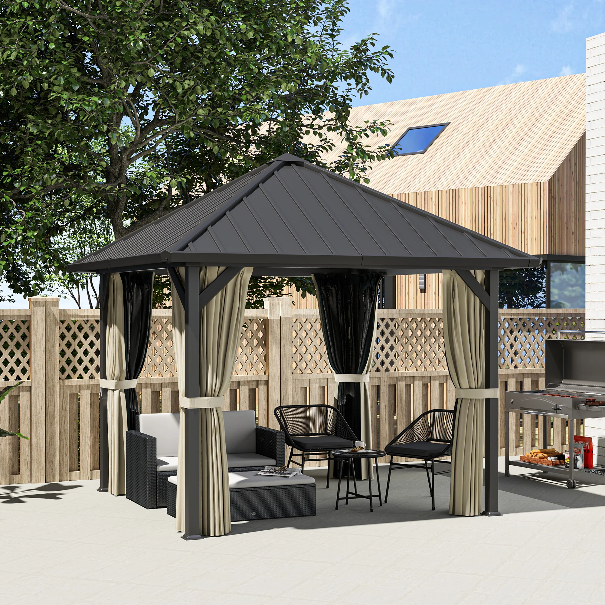 Outsunny 3 x 3m Harddak Paviljoen, Tuinpaviljoen met Metalen Dak, Waterbestendig Tuinzelt met Net en Zijwanden, Donkergrijs