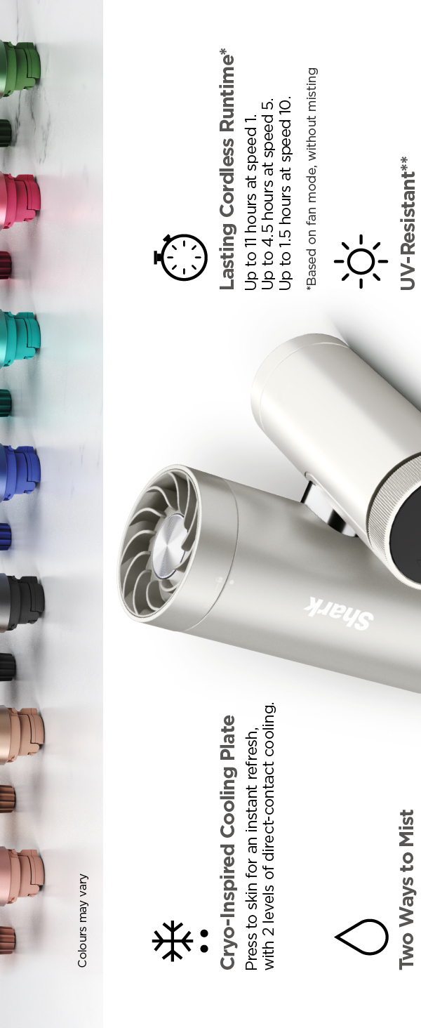 Text reads 'Non-invasive Cooling Plate' and 'Leading Cordless Brushing' with color swatch row above cylindrical metal device with white cap and brush head.