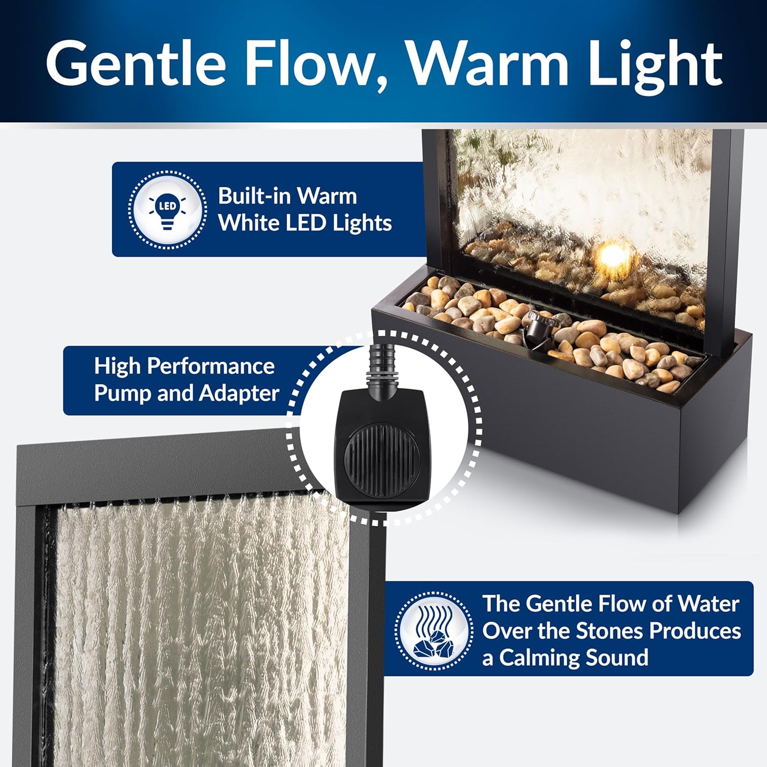 Alpine Mirror Waterfall Fountain with Stones & Lights, 72
