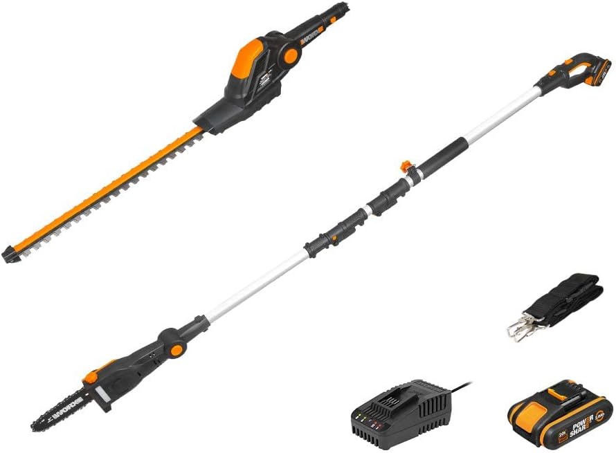 Worx 18 V (20 V MAX) Akku-Teleskop-Heckenschere PowerShare, 2,0 Ah Akku, inklusive Schnellladegerät (Hedge Trimmer + Pole Chain Saw)