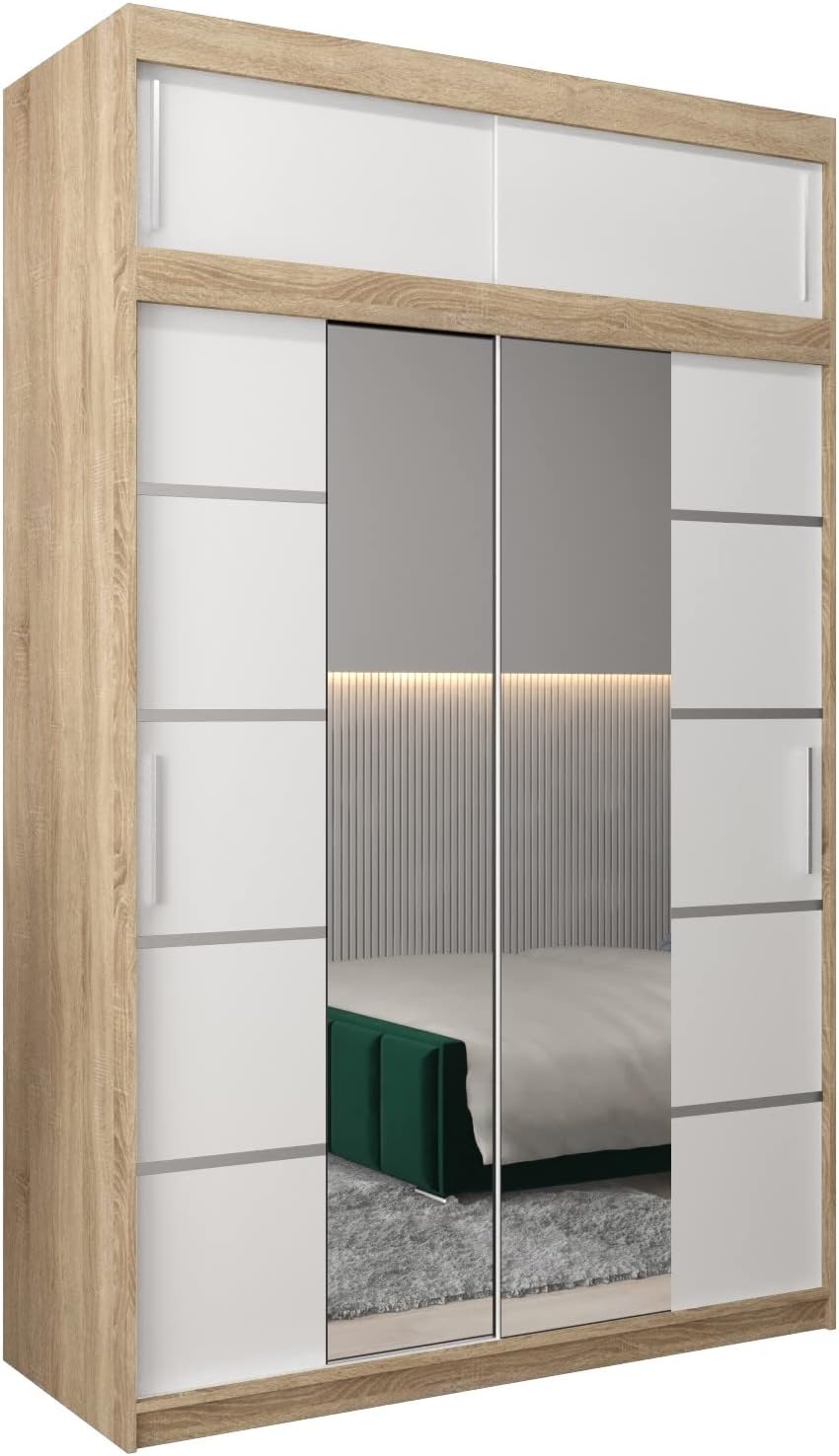 ABIKSMEBLE Verona 4 150 Armario 2 Puertas Correderas para Dormitorio - Armario Moderno con Espejo, Barra y Estantes - 150x240x62 cm (Ancho x Alto x Fondo) - Sonoma + Bianco Mate con Extensión