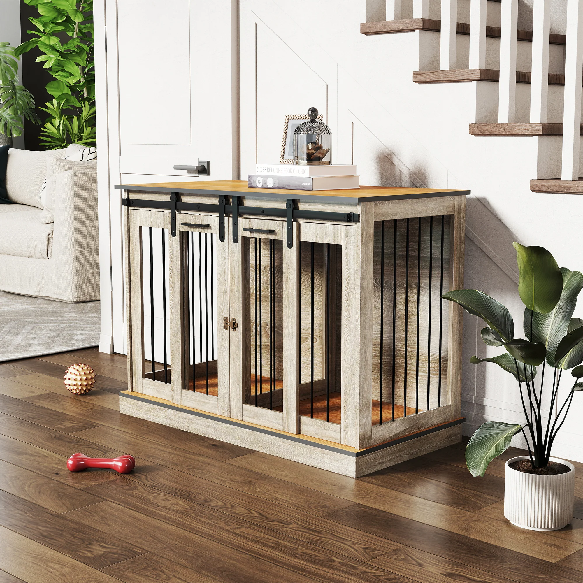 PawHut hondenkooi met 2 deuren, hondenbox, rustiek design, vergrendelbaar, bruin
