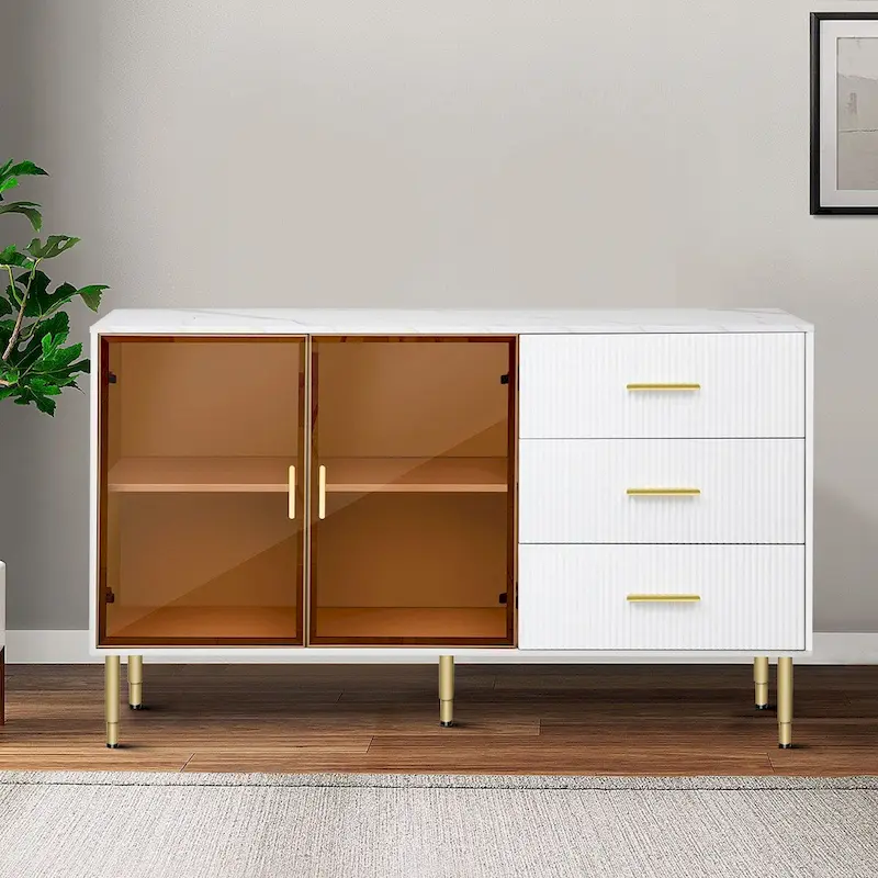 Contemporary Wooden Sideboard Featuring 2 Amber-Yellow Tempered Glass Doors