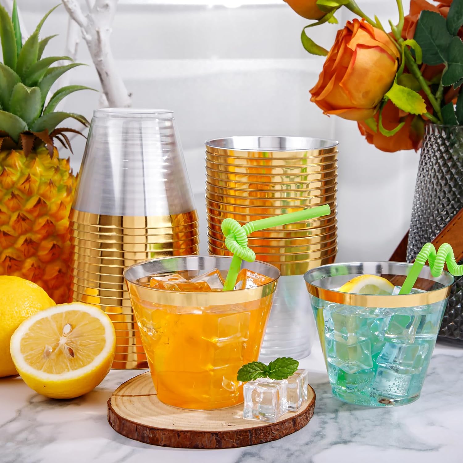 100000 200 Pack Gold Plastic Cups, 9 Oz Elegant Clear Plastic Cups Gold Rimmed Disposable Wine Glasses Fancy Disposable Party Cups Wedding Cups Drinking Tumblers Plastic Cocktail Glasses with Gold Rim